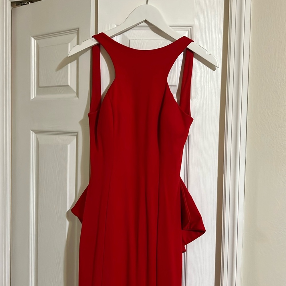 Xscape Red Ruffled Open Back Evening Gown Dress
